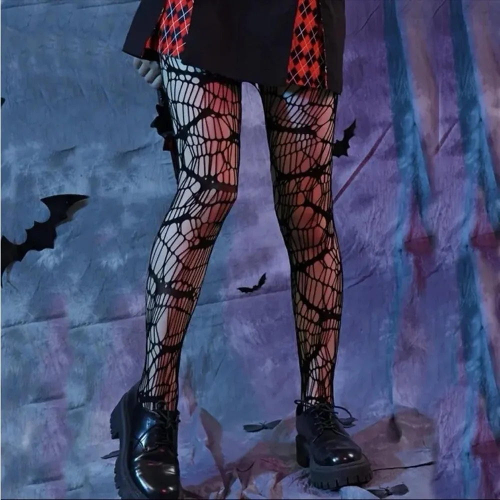 Black‎ Bat Patterned Fishnet Tights, High Waist Footed Pantyhose One Size
